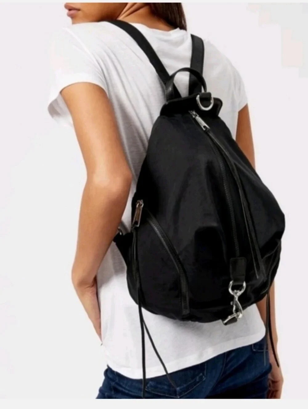 Rebecca‎ Minkoff Julian Black  Nylon Leather Backpack Silver Hardwear